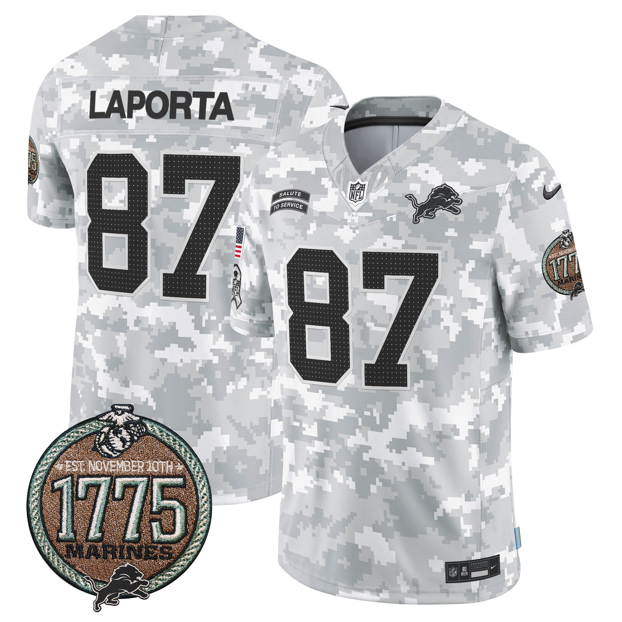Detroit Lions 2024 Salute to Service Establishment Year Patch Vapor Limited Jersey – All Stitched – Marines – Sam Laporta Jersey