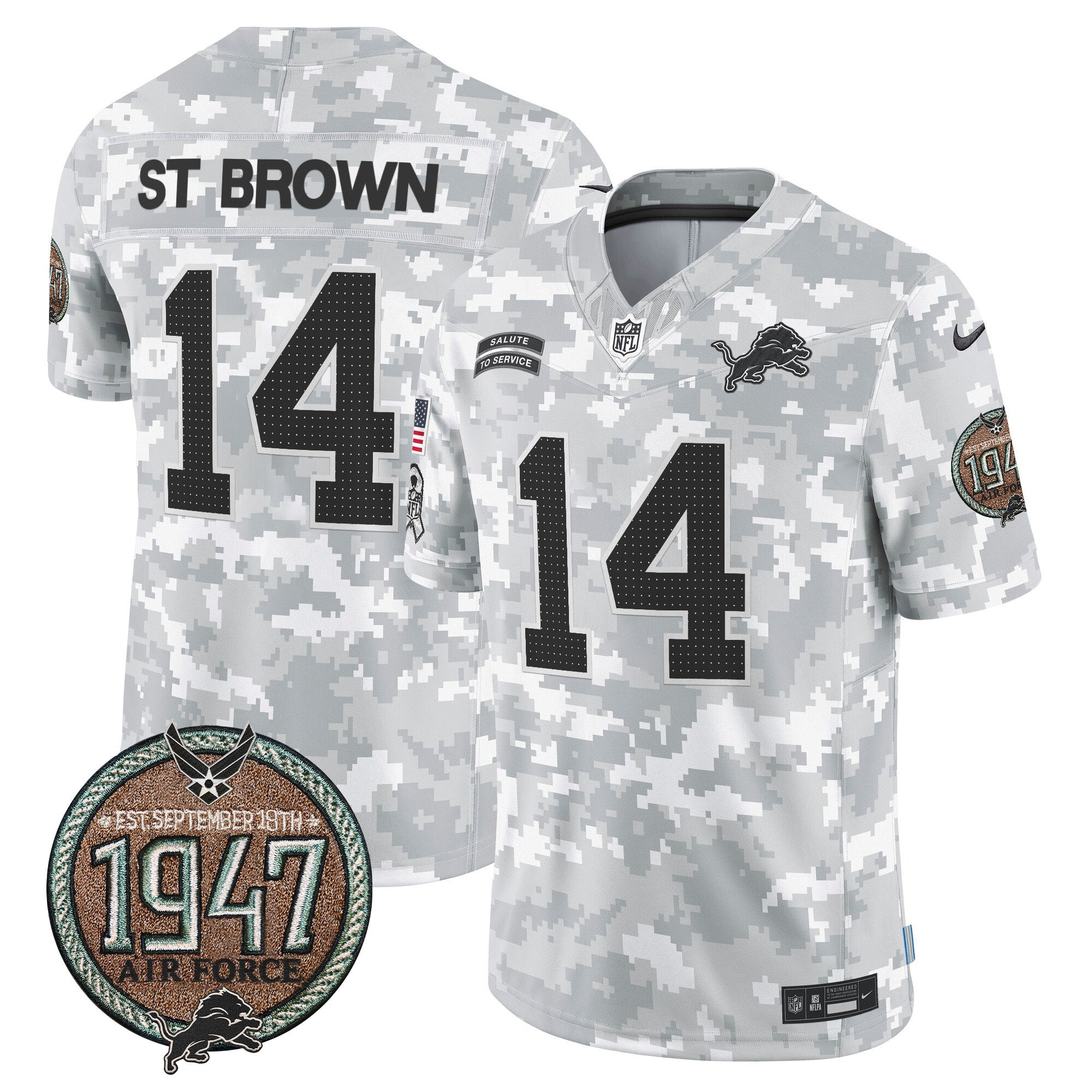 Detroit Lions 2024 Salute to Service Establishment Year Patch Vapor Limited Jersey – All Stitched – Air Force – St. Brown Jersey