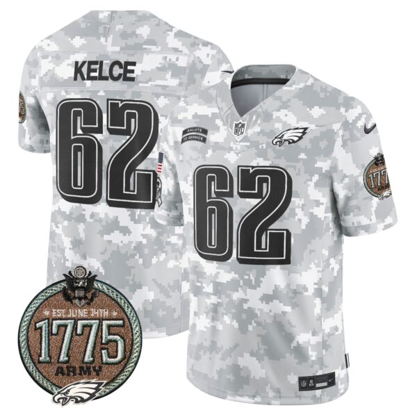 Eagles 2024 Salute to Service Establishment Year Patch Vapor Limited Jersey – All Stitched – Army – Jason Kelce Jersey