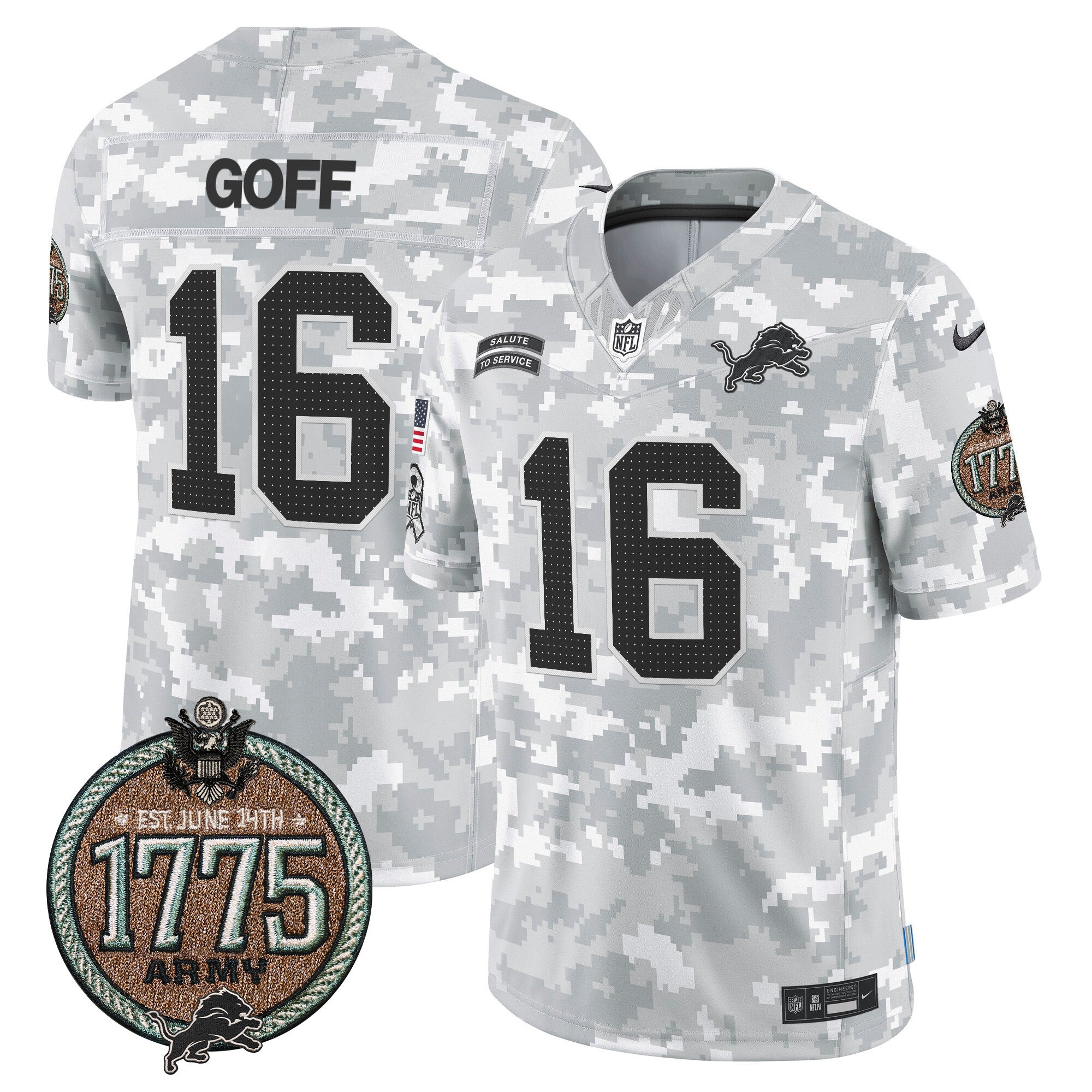 Detroit Lions 2024 Salute to Service Establishment Year Patch Vapor Limited Jersey – All Stitched – Army – Jared Goff Jersey