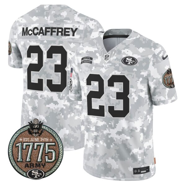 49ers 2024 Salute to Service Establishment Year Patch Vapor Limited Jersey – All Stitched – Army – Christian McCaffrey Jersey