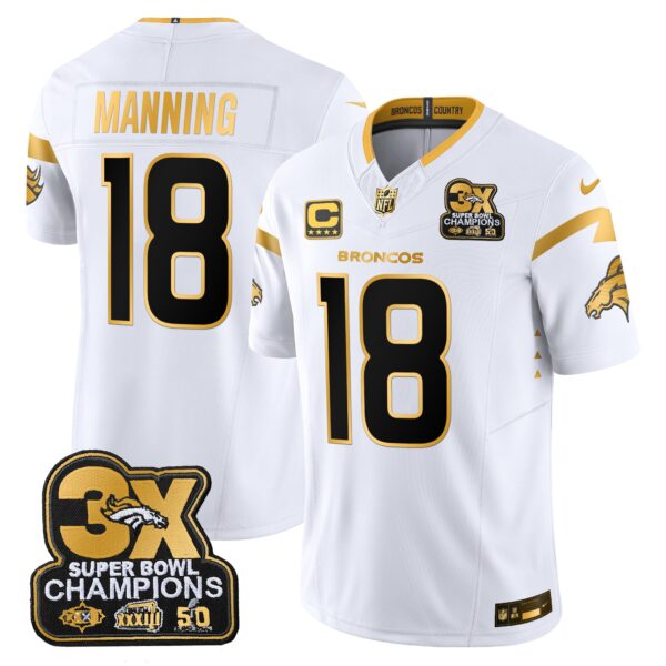 Denver Broncos 3-Time Champions Patch Gold Vapor Limited Jersey – All Stitched – White Gold – Peyton Manning Jersey