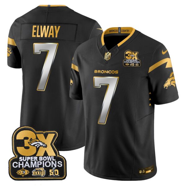 Denver Broncos 3-Time Champions Patch Gold Vapor Limited Jersey – All Stitched – Black Limited – John Elway Jersey