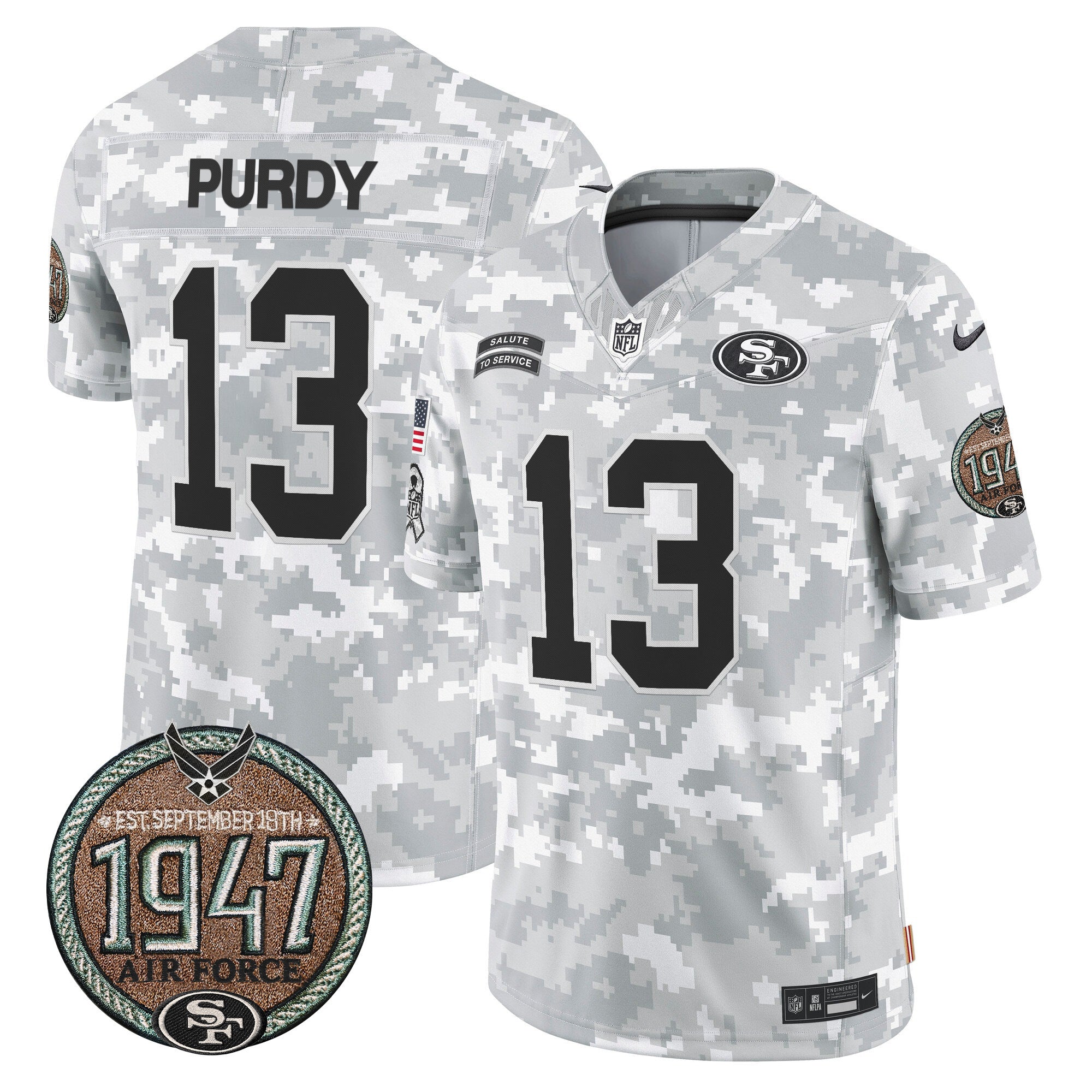 49ers 2024 Salute to Service Establishment Year Patch Vapor Limited Jersey – All Stitched – Air Force – Brock Purdy Jersey