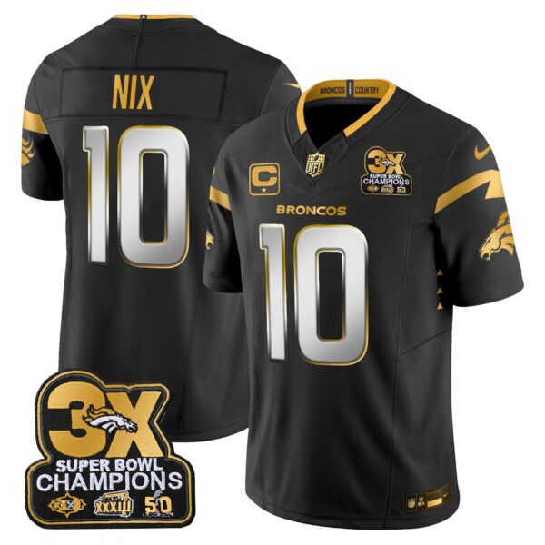 Denver Broncos 3-Time Champions Patch Gold Vapor Limited Jersey – All Stitched – Black Limited – Bo Nix Jersey