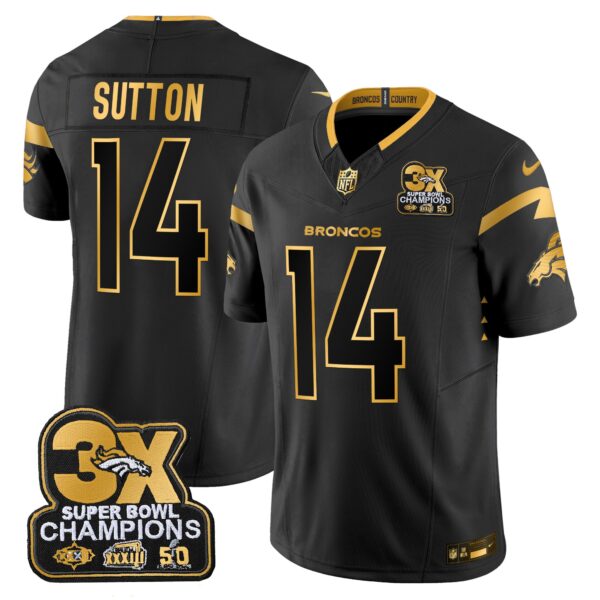 Denver Broncos 3-Time Champions Patch Gold Vapor Limited Jersey – All Stitched – Black Gold – Courtland Sutton Jersey
