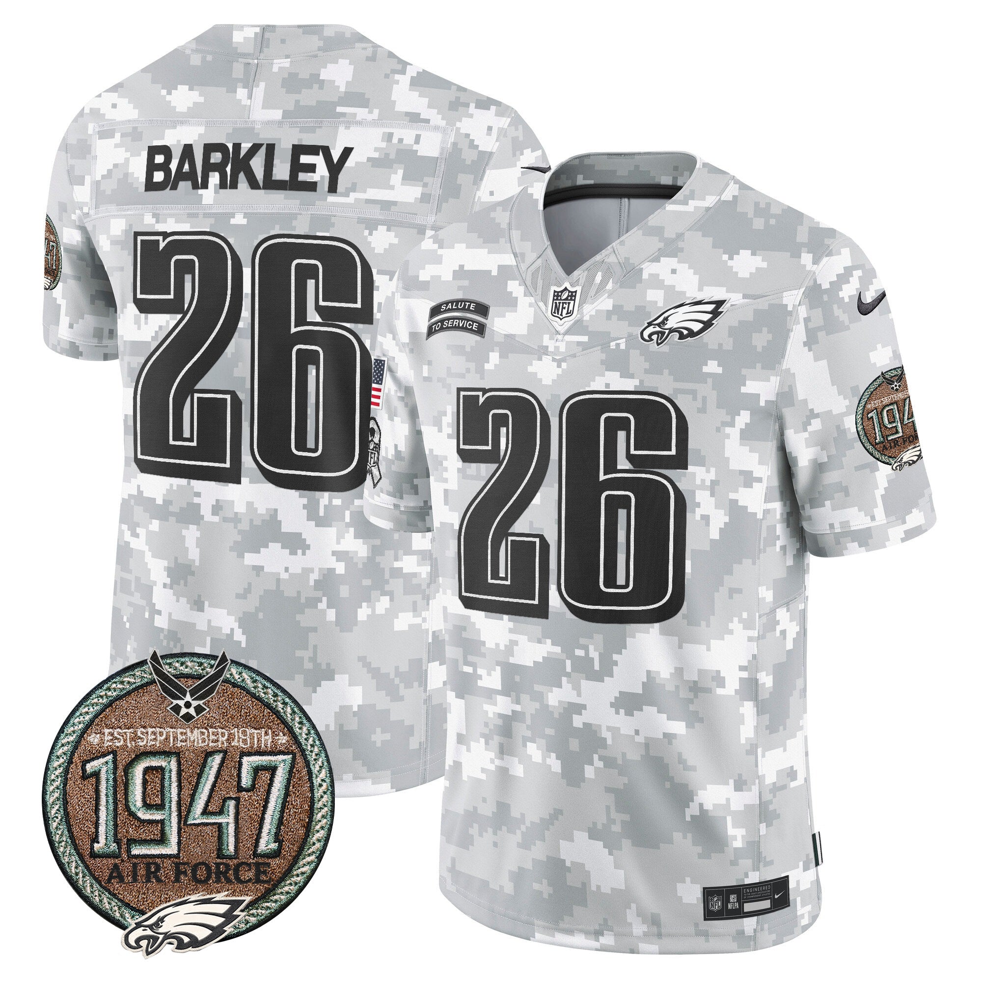 Eagles 2024 Salute to Service Establishment Year Patch Vapor Limited Jersey – All Stitched – Air Force – Saquon Barkley Jersey