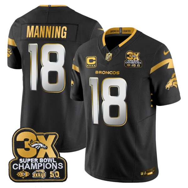 Denver Broncos 3-Time Champions Patch Gold Vapor Limited Jersey – All Stitched – Black Limited – Peyton Manning Jersey
