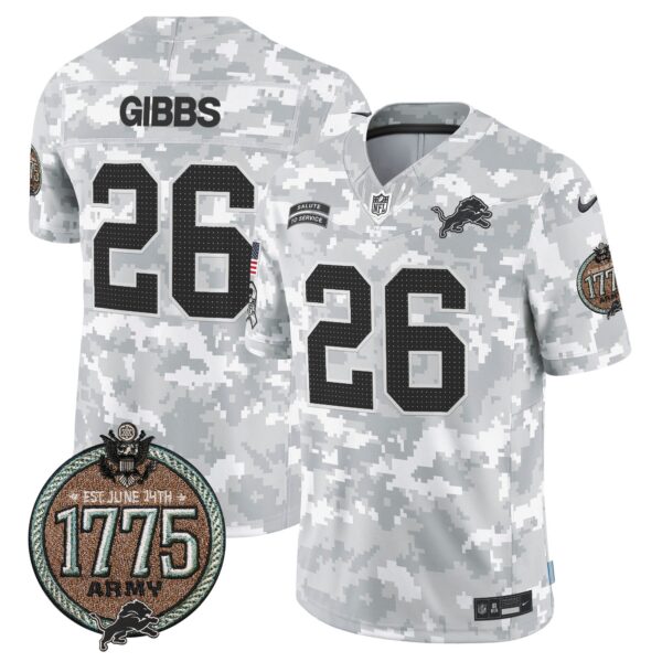 Detroit Lions 2024 Salute to Service Establishment Year Patch Vapor Limited Jersey – All Stitched – Army – Jahmyr Gibbs Jersey