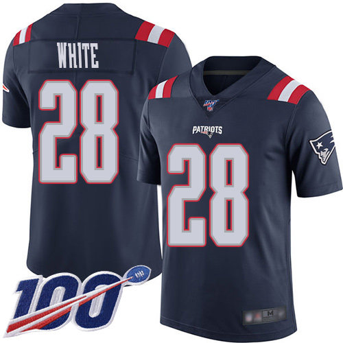 Nike Patriots #28 James White Navy Blue Men’s Stitched NFL Limited Rush 100th Season Jersey