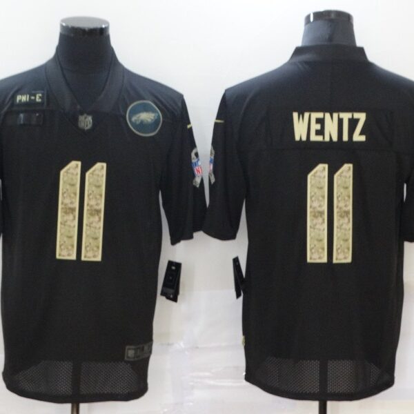 Men’s Philadelphia Eagles #11 Carson Wentz Black Camo 2020 Salute To Service Stitched NFL Nike Limited Jersey