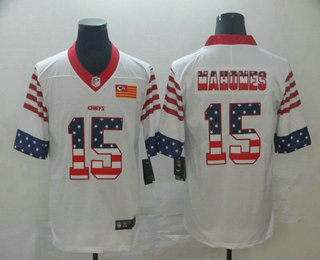 Men’s Kansas City Chiefs #15 Patrick Mahomes White Independence Day Stars Stripes Jersey