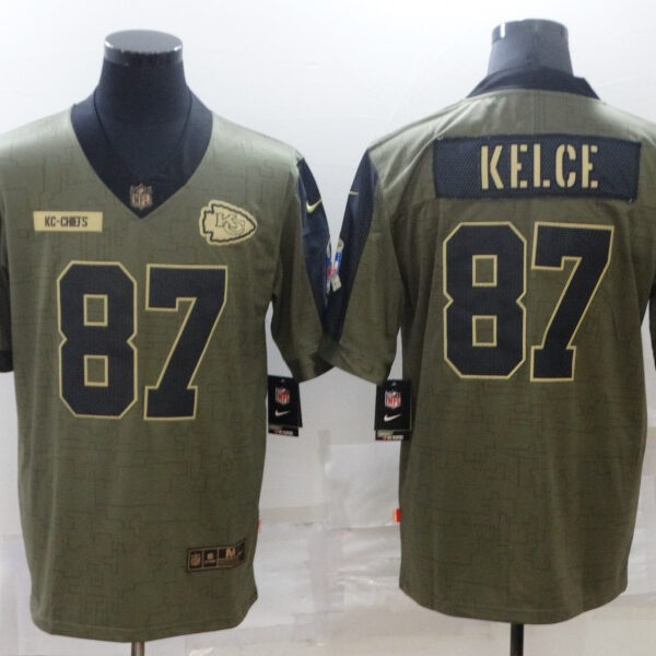 Men’s Kansas City Chiefs #87 Travis Kelce Nike Olive 2021 Salute To Service Limited Player Jersey