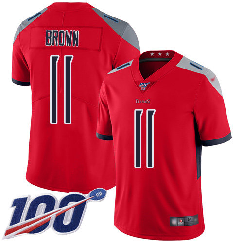 Nike Titans #11 A.J. Brown Red Men’s Stitched NFL Limited Inverted Legend 100th Season Jersey