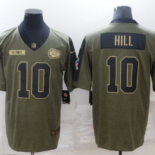 Men’s Kansas City Chiefs #10 Tyreek Hill 2021 Olive Salute To Service Limited Stitched Jersey