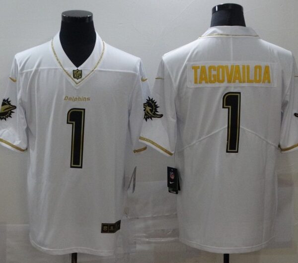 Men’s Miami Dolphins #1 Tua Tagovailoa White 100th Season Golden Edition Jersey