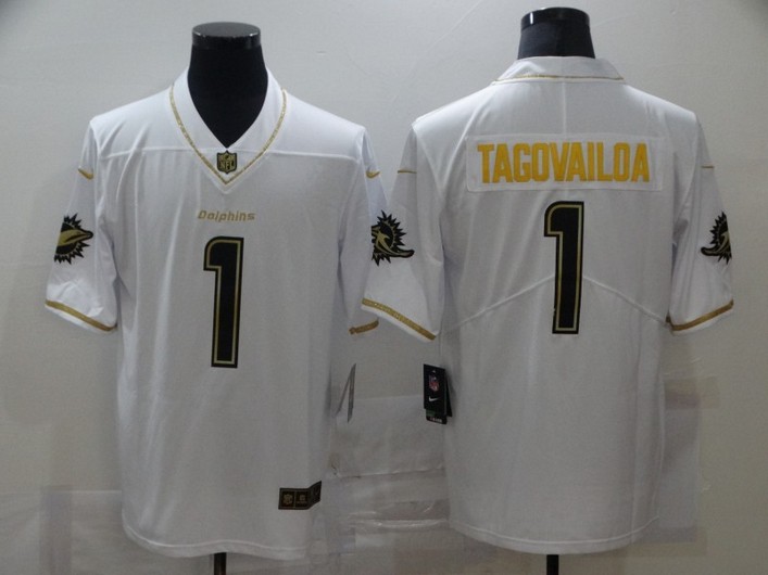 Men’s Miami Dolphins #1 Tua Tagovailoa White 100th Season Golden Edition Jersey