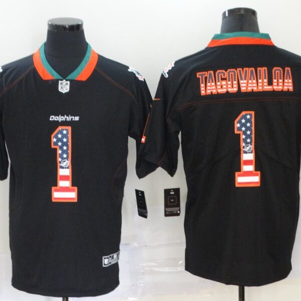 Men’s Miami Dolphins #1 Tua Tagovailoa 2020 USA Flag Fashion Black Color Rush Stitched Nike Limited Jersey