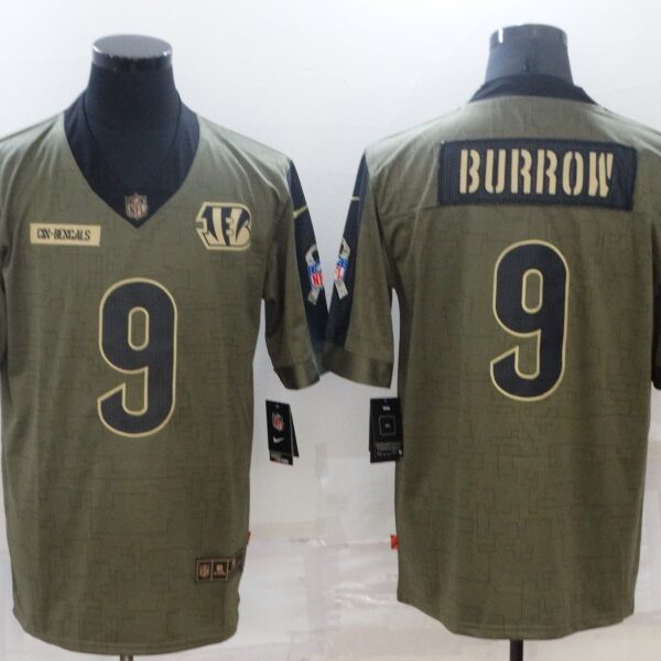 Men’s Cincinnati Bengals #9 Joe Burrow Nike Olive 2021 Salute To Service Limited Player Jersey