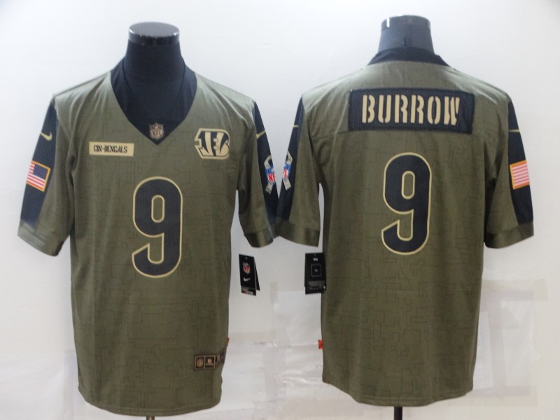Men’s Cincinnati Bengals #9 Joe Burrow Nike Olive 2021 Salute To Service Limited Player Jersey
