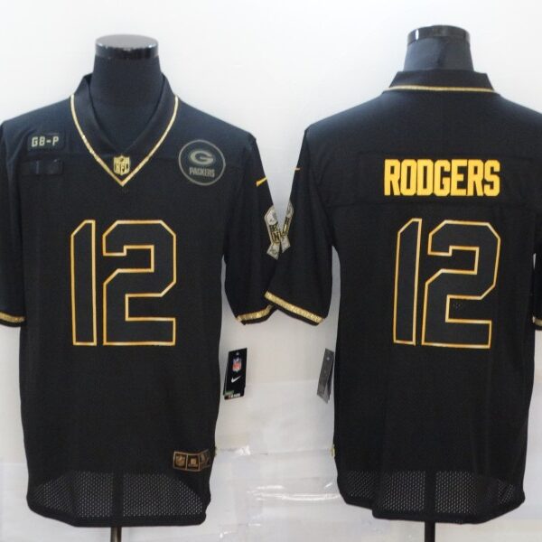 Men’s Green Bay Packers #12 Aaron Rodgers Black Gold 2020 Salute To Service Stitched NFL Nike Limited Jersey