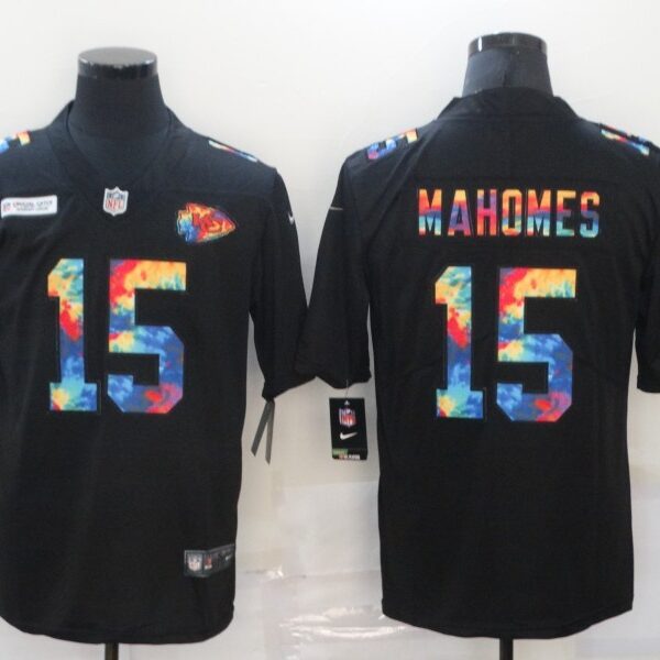 Men’s Kansas City Chiefs #15 Patrick Mahomes Multi-Color Black 2020 NFL Crucial Catch Vapor Untouchable Nike Limited Jersey