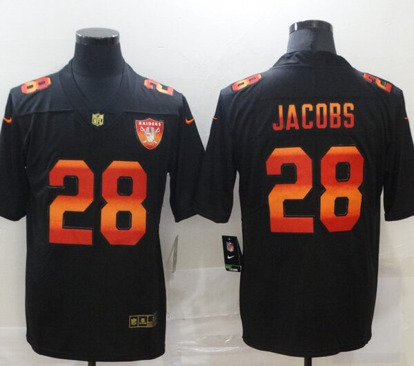 Men’s Las Vegas Raiders #28 Josh Jacobs Black Red Orange Stripe Vapor Limited Nike NFL Jersey