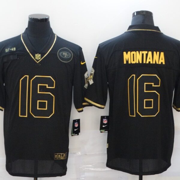 Men’s San Francisco 49ers #16 Joe Montana Black Gold 2020 Salute To Service Stitched NFL Nike Limited Jersey