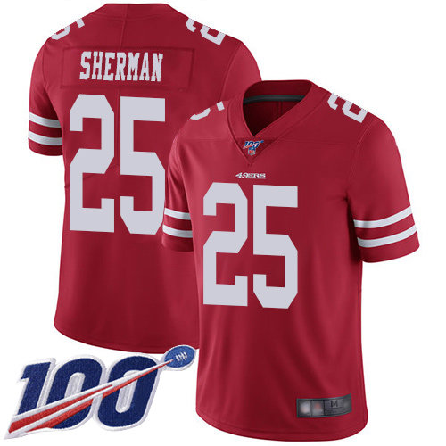 Nike 49ers #25 Richard Sherman Red Team Color Men’s Stitched NFL 100th Season Vapor Limited Jersey