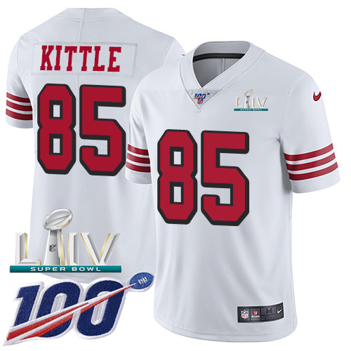 Nike 49ers #85 George Kittle White Super Bowl LIV 2020 Rush Men’s Stitched NFL Limited 100th Season Jersey