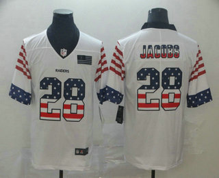 Men’s Oakland Raiders #28 Josh Jacobs White Independence Day Stars & Stripes Jersey