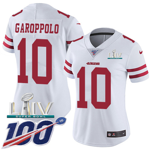 Nike 49ers #10 Jimmy Garoppolo White Super Bowl LIV 2020 Women’s Stitched NFL 100th Season Vapor Limited Jersey