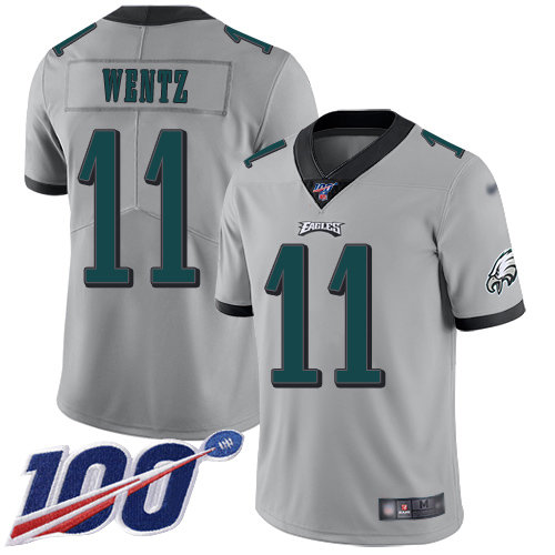 Nike Eagles #11 Carson Wentz Silver Men’s Stitched NFL Limited Inverted Legend 100th Season Jersey