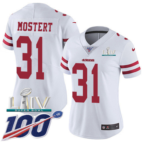 Nike 49ers #31 Raheem Mostert White Super Bowl LIV 2020 Women’s Stitched NFL 100th Season Vapor Untouchable Limited Jersey