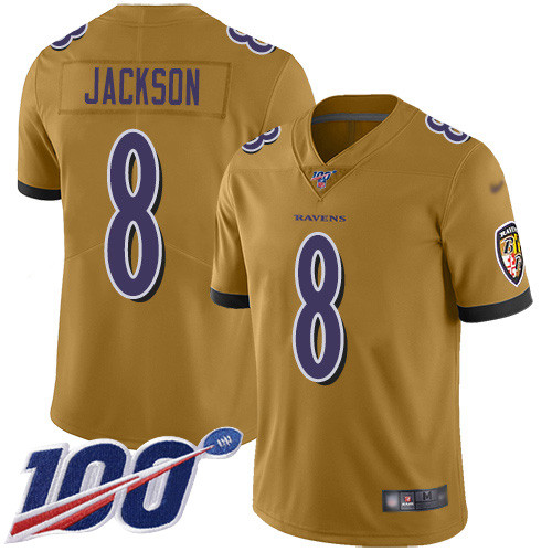 Nike Ravens #8 Lamar Jackson Gold Men’s Stitched NFL Limited Inverted Legend 100th Season Jersey