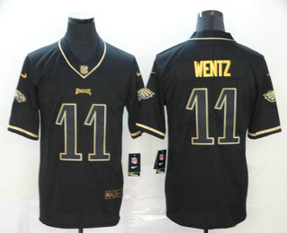 Men’s Philadelphia Eagles #11 Carson Wentz Black 100th Season Golden Edition Jersey
