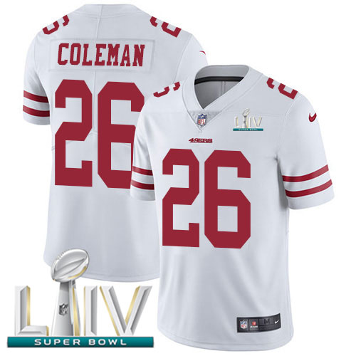 Nike 49ers #26 Tevin Coleman White Super Bowl LIV 2020 Men’s Stitched NFL Vapor Untouchable Limited Jersey