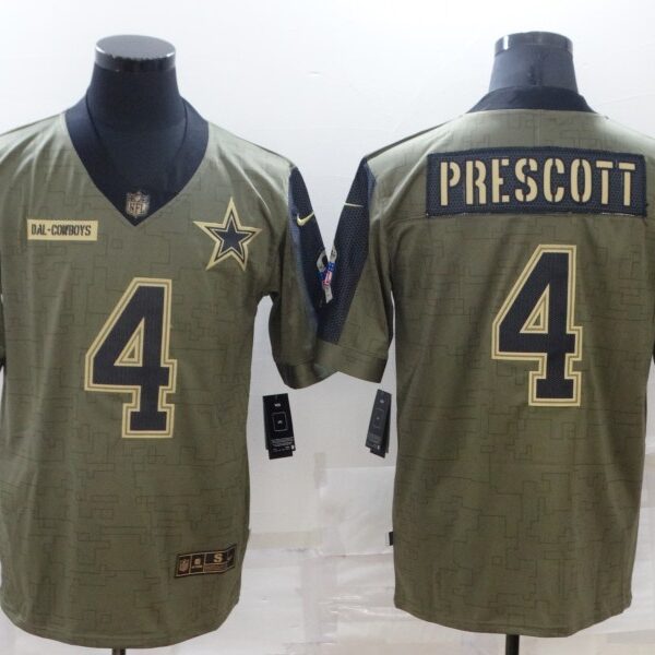 Men’s Dallas Cowboys #4 Dak Prescott 2021 Olive Salute To Service Limited Stitched Jersey