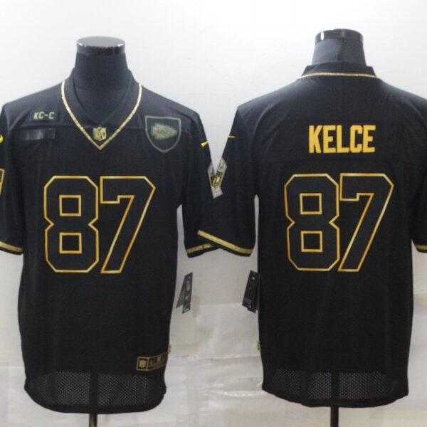 Men’s Kansas City Chiefs #87 Travis Kelce Black Gold 2020 Salute To Service Stitched NFL Nike Limited Jersey