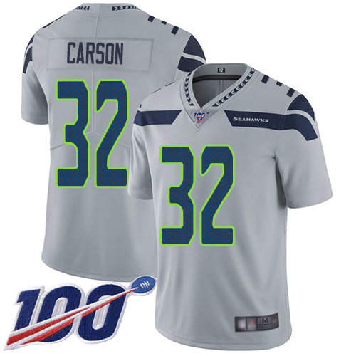 Nike Seahawks #32 Chris Carson Grey Alternate Men’s Stitched NFL 100th Season Vapor Limited Jersey