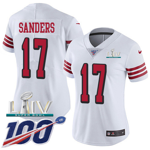 Nike 49ers #17 Emmanuel Sanders White Super Bowl LIV 2020 Rush Women’s Stitched NFL Limited 100th Season Jersey