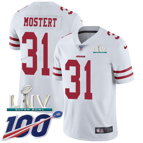 Nike 49ers #31 Raheem Mostert White Super Bowl LIV 2020 Men’s Stitched NFL 100th Season Vapor Untouchable Limited Jersey