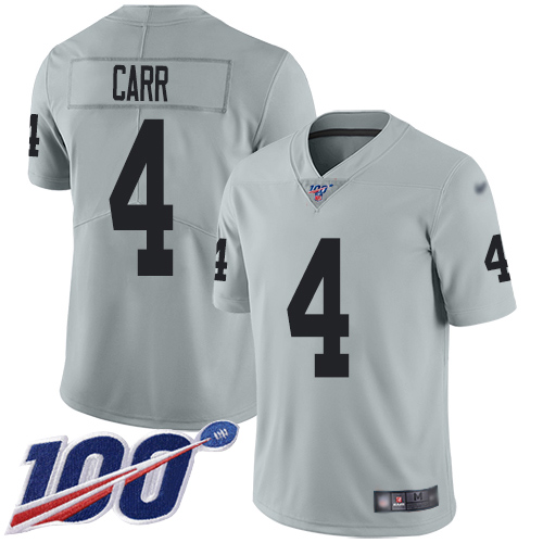 Nike Raiders #4 Derek Carr Silver Men’s Stitched NFL Limited Inverted Legend 100th Season Jersey