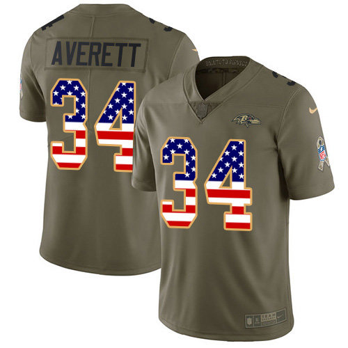 Nike Ravens #34 Anthony Averett Olive USA Flag Men’s Stitched NFL Limited 2017 Salute To Service Jersey