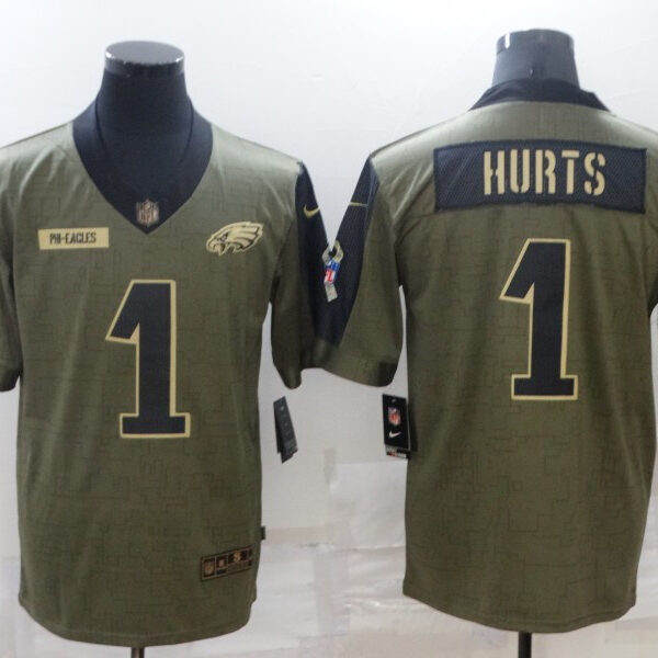 Men’s Philadelphia Eagles #1 Jalen Hurts 2021 Olive Salute To Service Limited Stitched Jersey