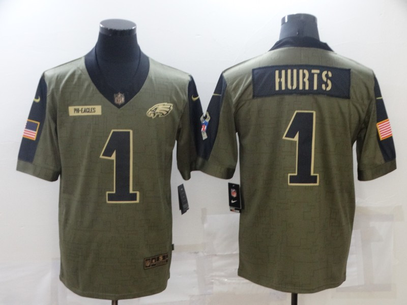 Men’s Philadelphia Eagles #1 Jalen Hurts 2021 Olive Salute To Service Limited Stitched Jersey