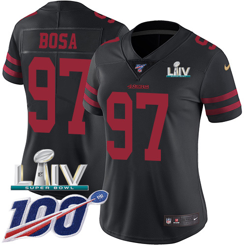 Nike 49ers #97 Nick Bosa Black Super Bowl LIV 2020 Alternate Women’s Stitched NFL 100th Season Vapor Limited Jersey