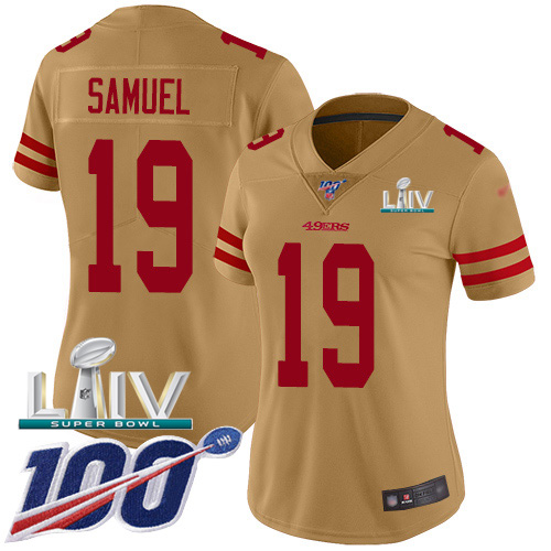 Nike 49ers #19 Deebo Samuel Gold Super Bowl LIV 2020 Women’s Stitched NFL Limited Inverted Legend 100th Season Jersey