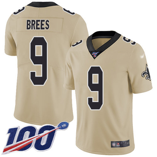 Nike Saints #9 Drew Brees Gold Men’s Stitched NFL Limited Inverted Legend 100th Season Jersey