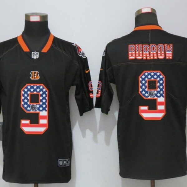 Men’s Cincinnati Bengals #9 Joe Burrow 2020 USA Flag Fashion Black Color Rush Stitched Nike Limited Jersey